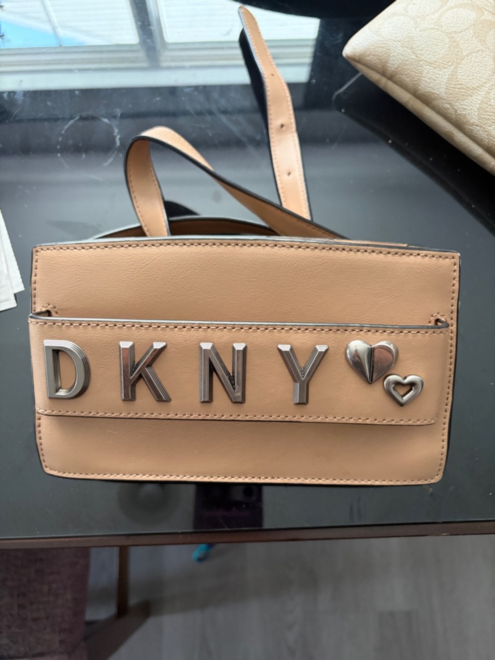 DKNY Tan Fanny pack Bag with Silver Logo and Heart Accents